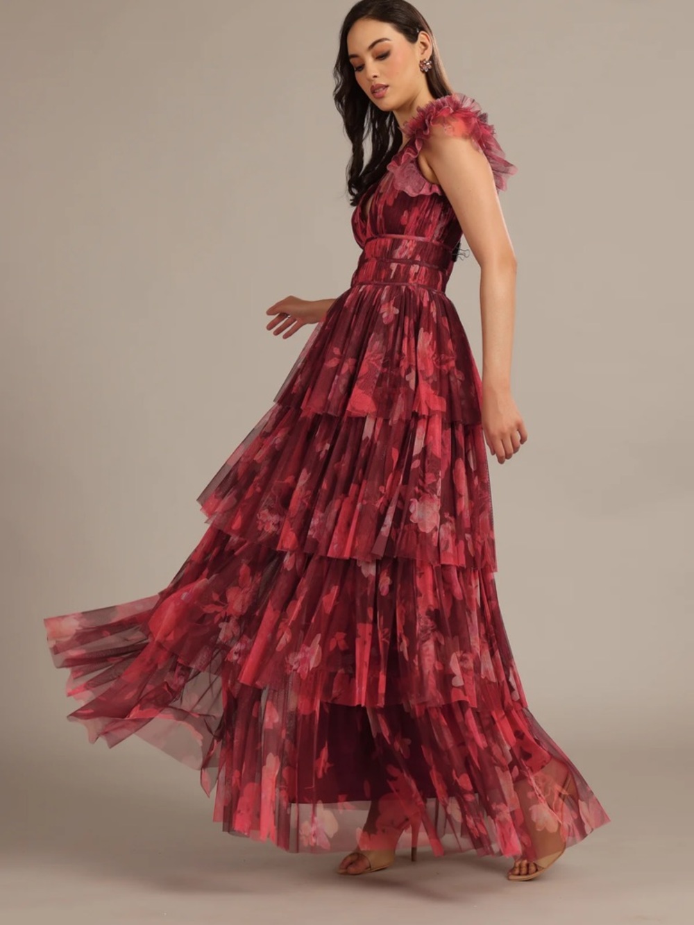 ASOS Lace & Beads Ruffle Shoulder Tiered Maxi Dress in Deep Rose US 8 - Picture 4 of 15